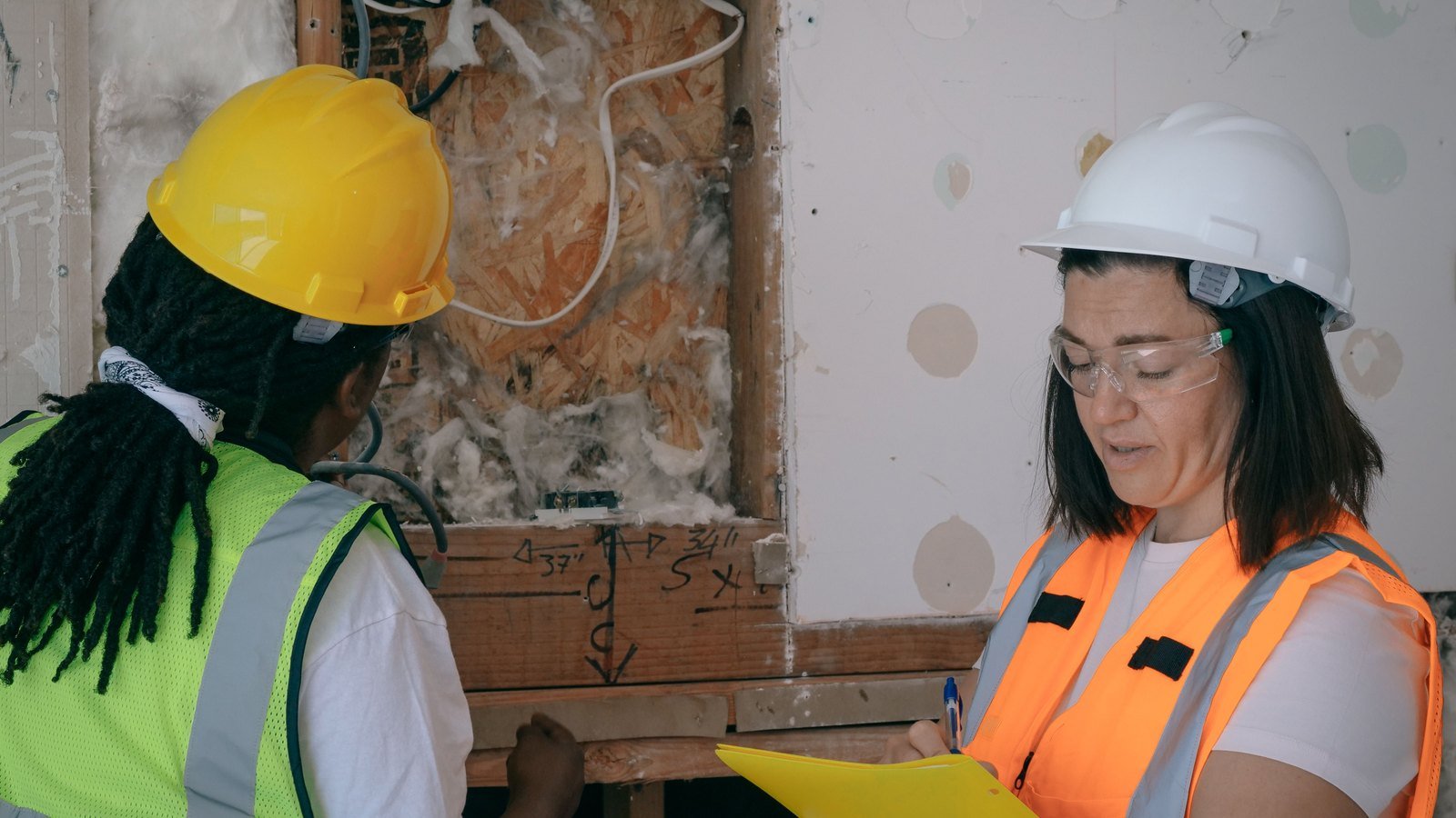 Engineers carrying out a technical inspection within a building under construction